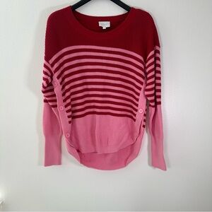 Sundays Striped Sweater Small Pink Red Button Detail Cotton Knit